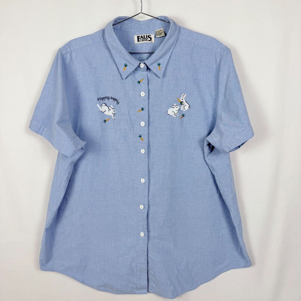 90's Falls Creek White Rabbit Carrots Denim Button Down Blouse Women's 24W